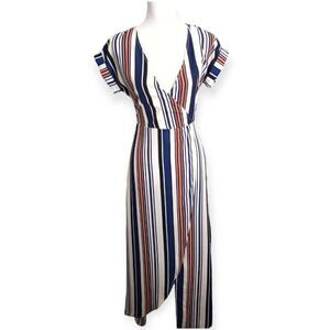 ZAFUL BLUE, WHITE, BLACK, & BROWN STRIPE FAUX WRAP DRESS SZ.S GUC